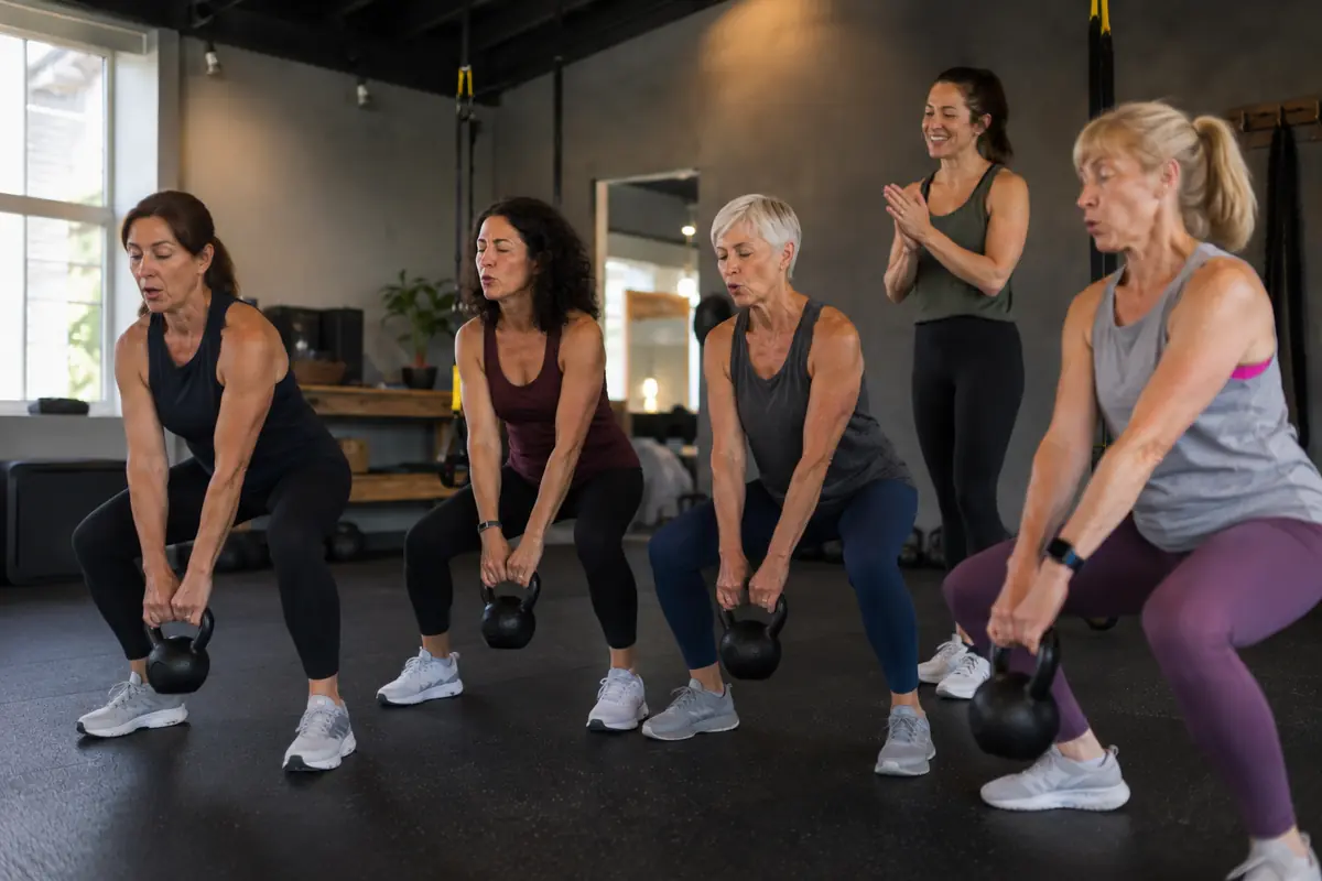 Five women mid kettlebell squat together in a small-group class
