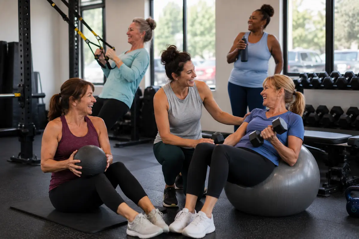 A small group of women working through a circuit while the trainer checks in with each one