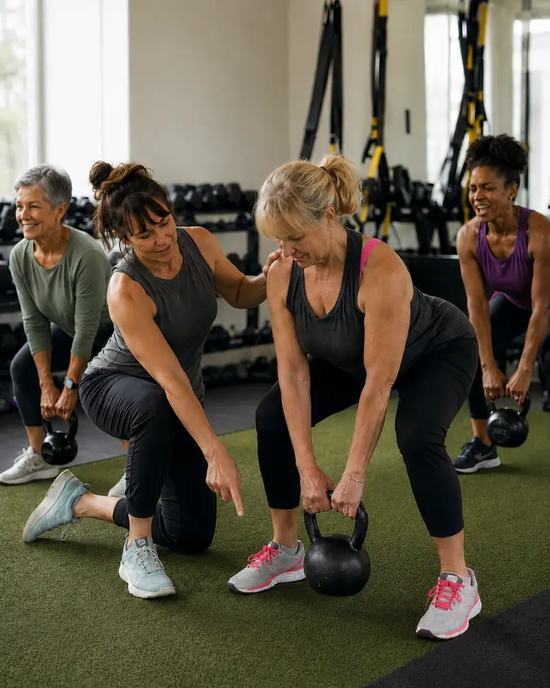 A female trainer coaching a woman through a kettlebell exercise during a small-group training session